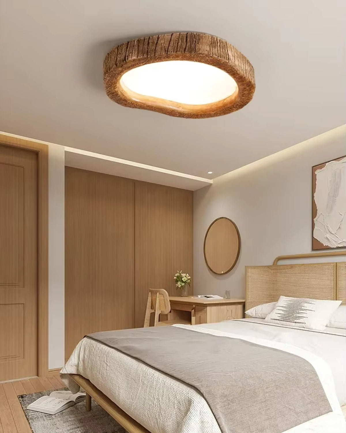 Lampada in legno minimalista in stile Japandi con effetto luminoso