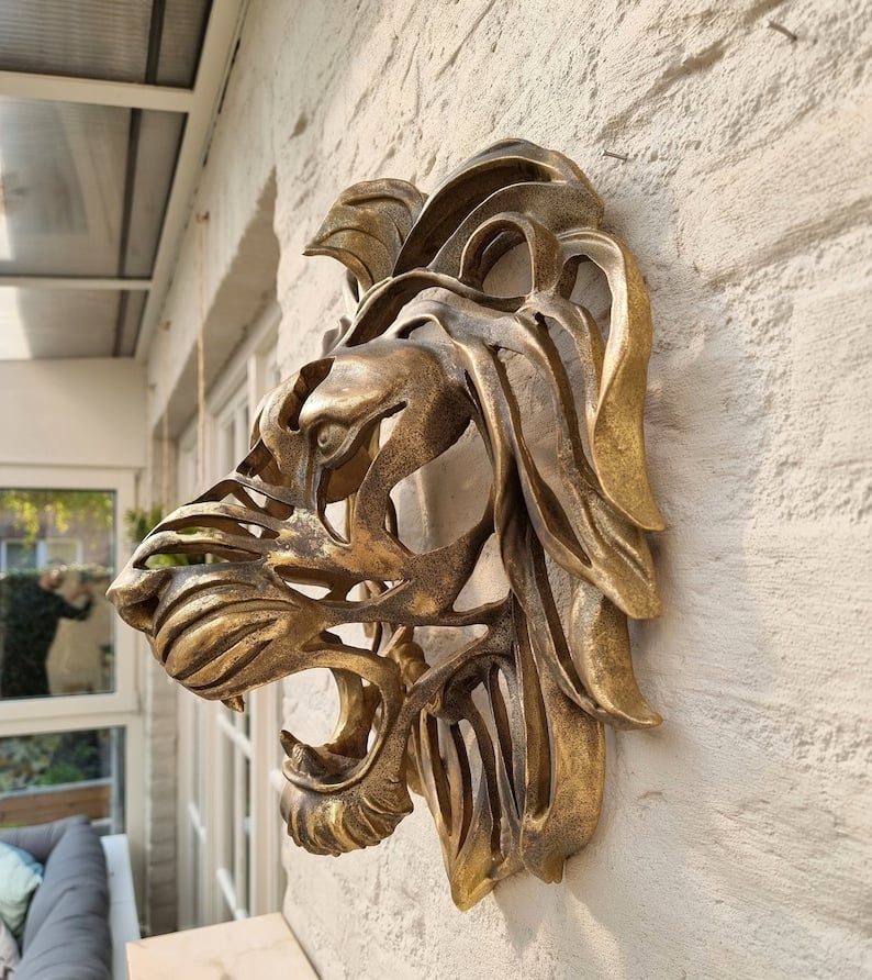 Rara Scultura in Arte da Parete con Testa di Leone Grande