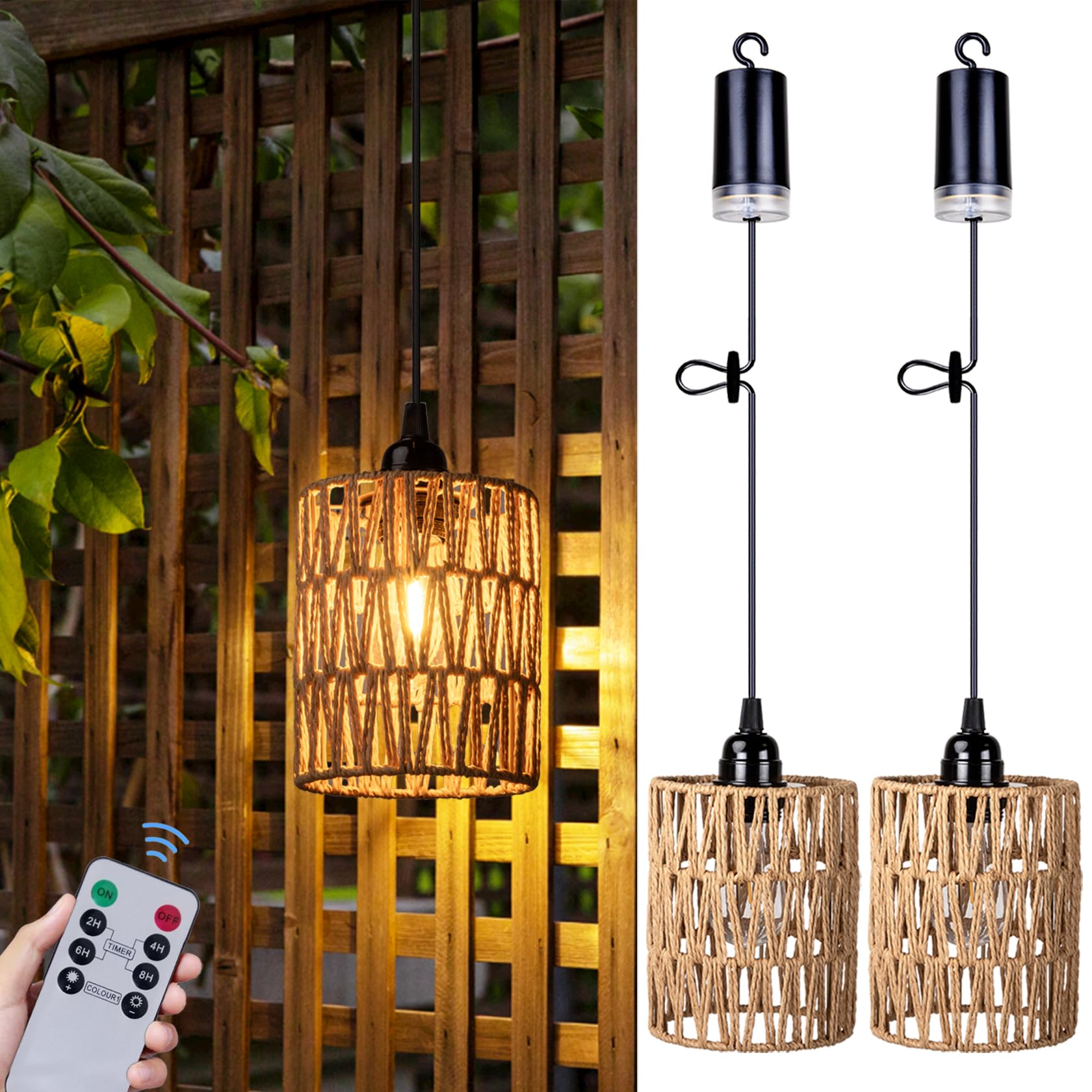 Tutto Fortune Candelabro a Batteria, Lampada a Sospensione a Batteria, Lampada in Rattan con Bulbo Bianco Caldo, 4*AA a Batteria, Per Gazebo Pergola Veranda Patio Decorazione Interna ed Esterna
