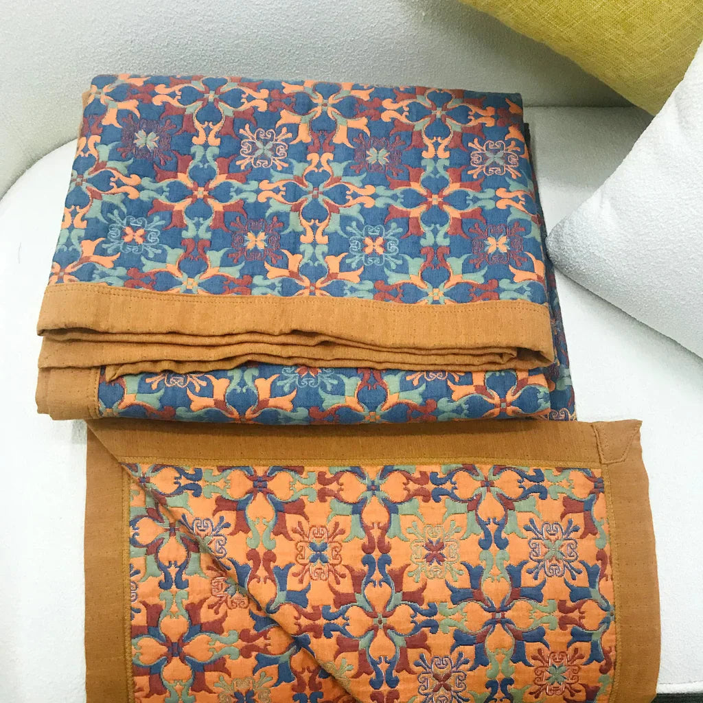 Coperta in Cotone a Sei Strati con Motivo Blu – TerraLoom Coperta Comfort