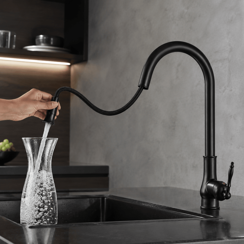 VINTASPOUT – Rubinetto da cucina in bronzo antico con funzione estraibile per un lavoro flessibile al lavello