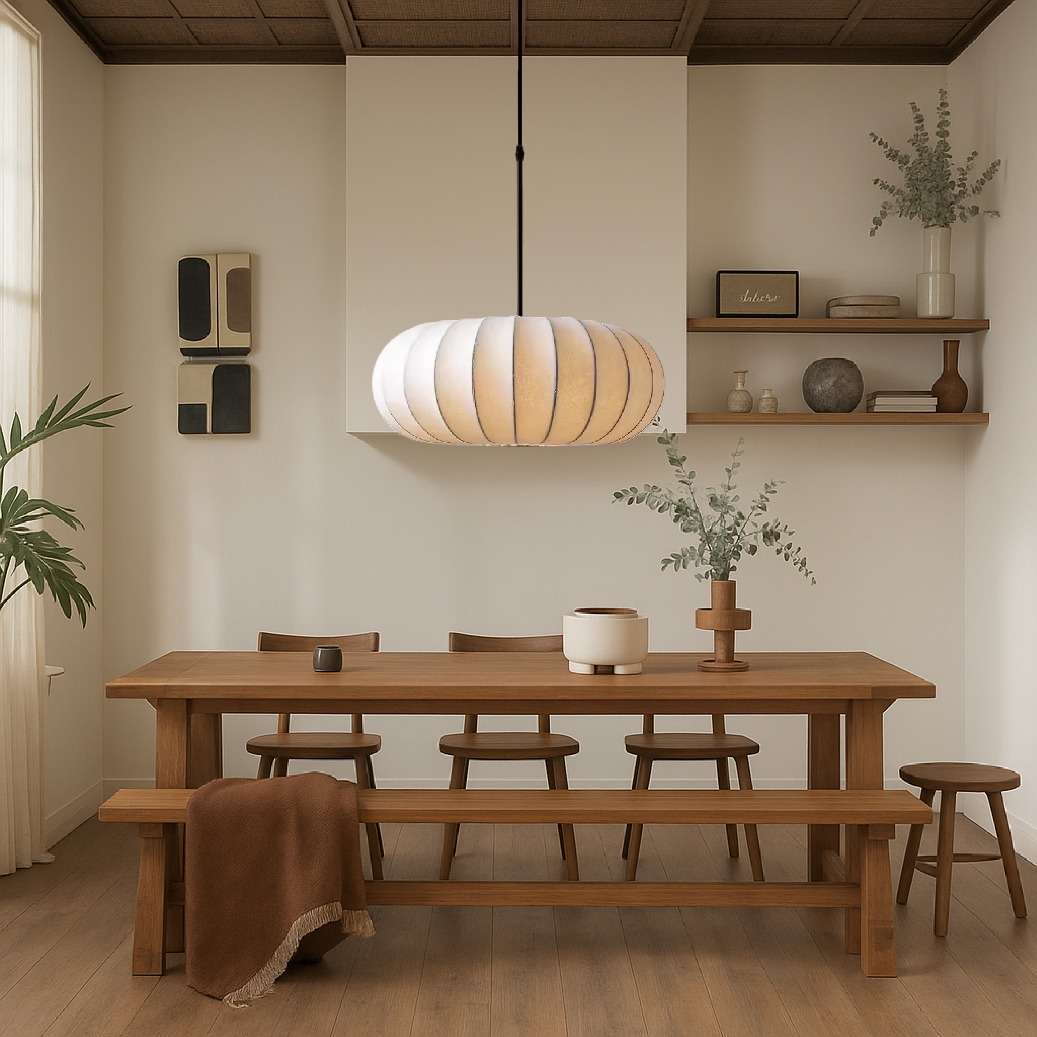Noreviah | Lampada a sospensione in seta Wabi-Sabi con paralume in tessuto per sale da pranzo e spazi abitativi