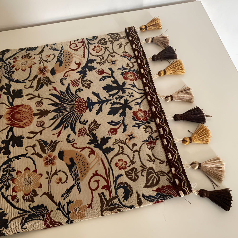 Runner da Tavola Jacquard Vintage con Fiori e Uccelli