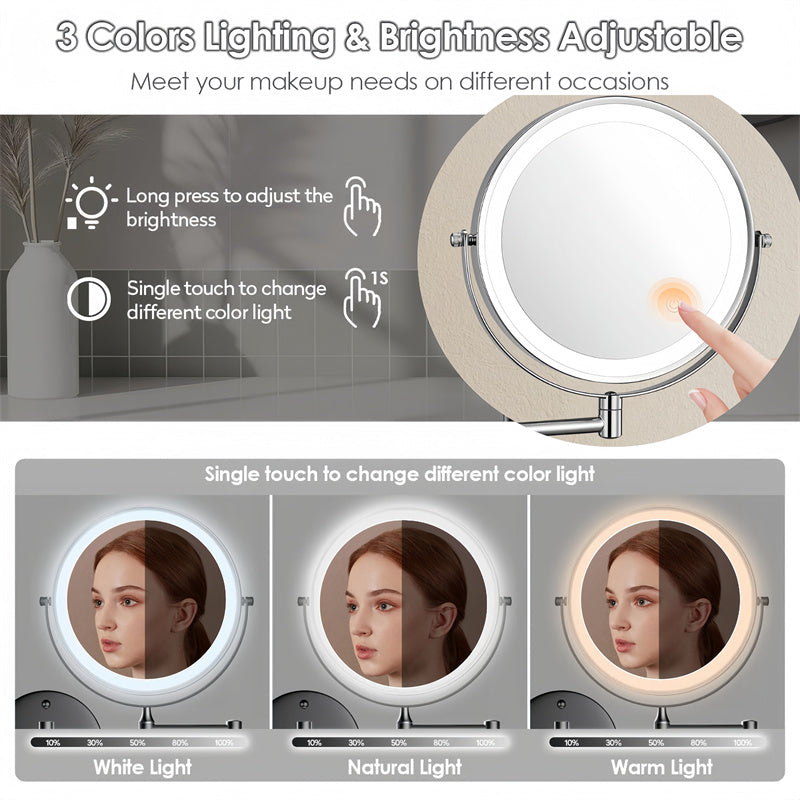 Specchio da Barba Ricaricabile da Parete | Rotazione a 360°. Ingrandimento 1X/10X e Illuminazione LED Regolabile per Uso in Bagno