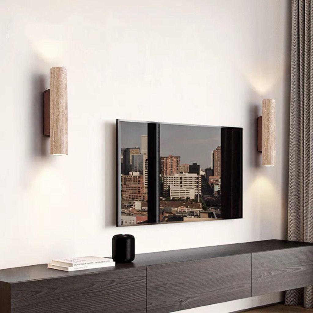 Nordivea Lampada da Parete in Travertino | Design Scandinavo | 2-Luci | Legno & Travertino