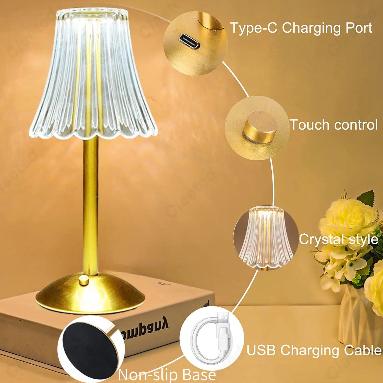 Lampada da tavolo wireless con decorazione in cristallo e illuminazione dimmerabile - GlamLight