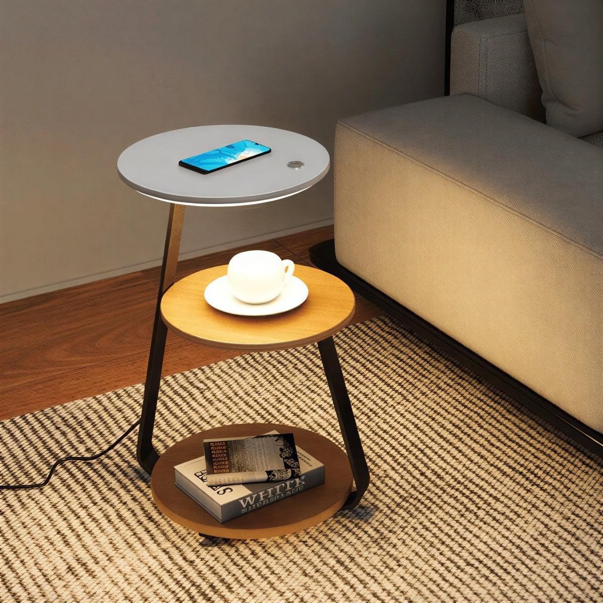 Tavolino da Notte con Lampada Integrata e Ripiani Doppio