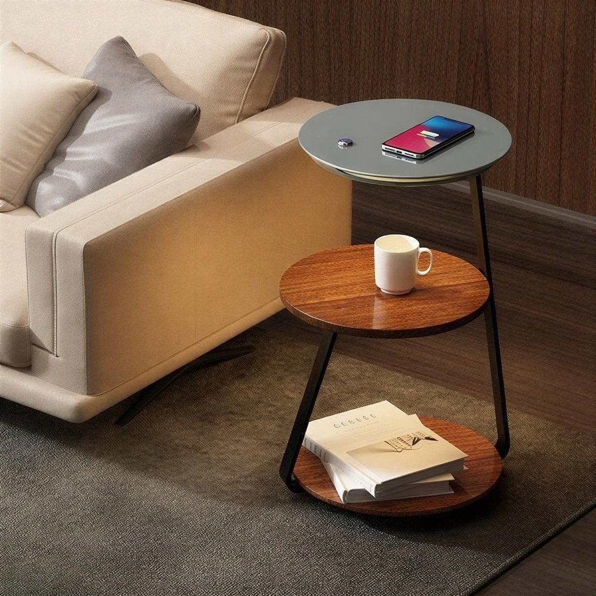 Tavolino da Notte con Lampada Integrata e Ripiani Doppio