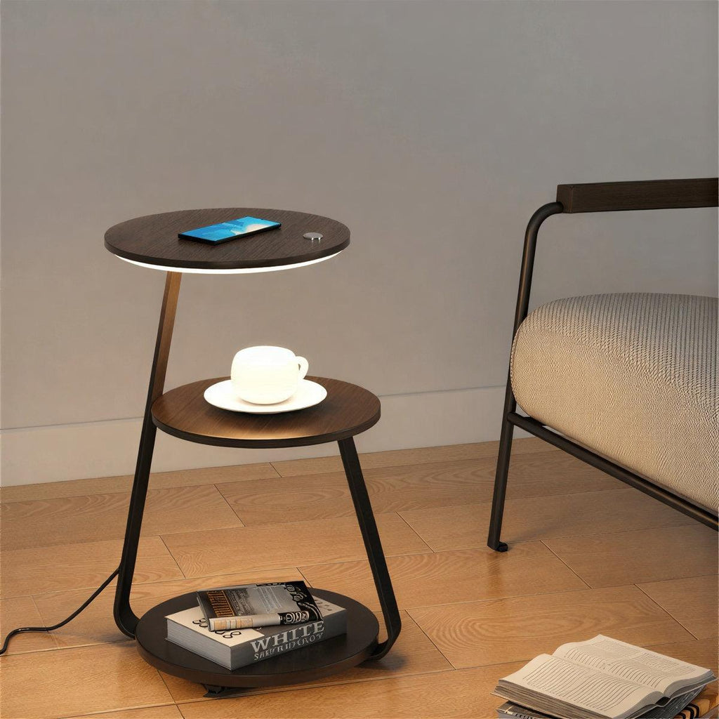 Tavolino da Notte con Lampada Integrata e Ripiani Doppio