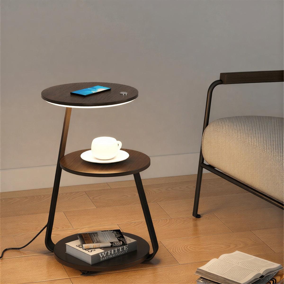 Tavolino da Notte con Lampada Integrata e Ripiani Doppio