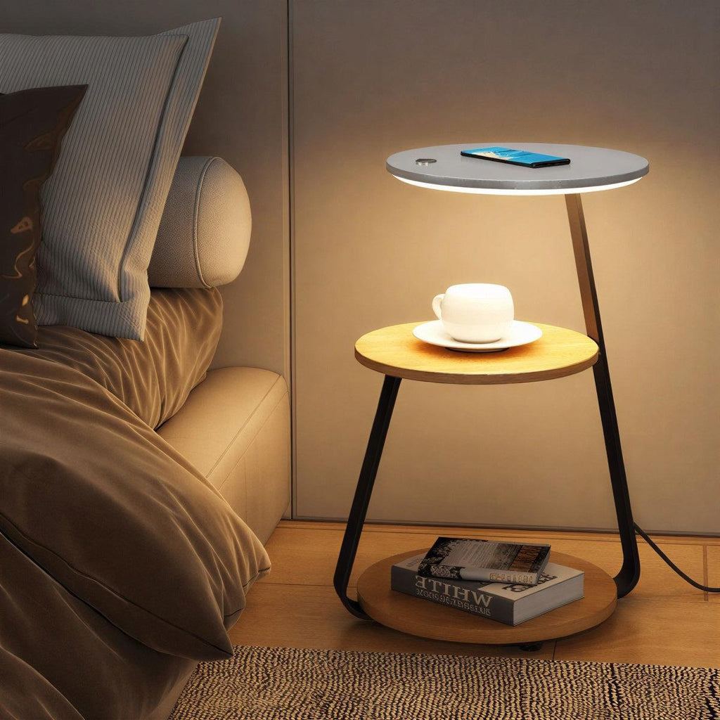 Tavolino da Notte con Lampada Integrata e Ripiani Doppio