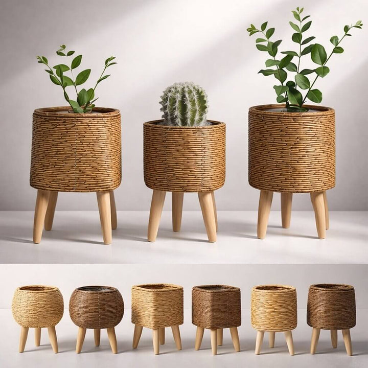 Vaso con piedi in legno | Design in stile intrecciato | Per interni ed esterni | Plantara
