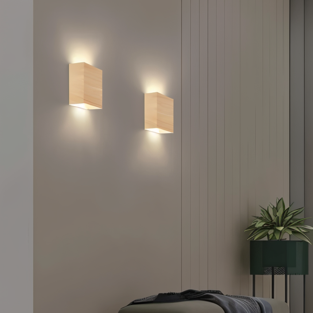 Boxy – Lampada da Parete Rettangolare in Legno con Illuminazione LED Up & Down per Camera da Letto