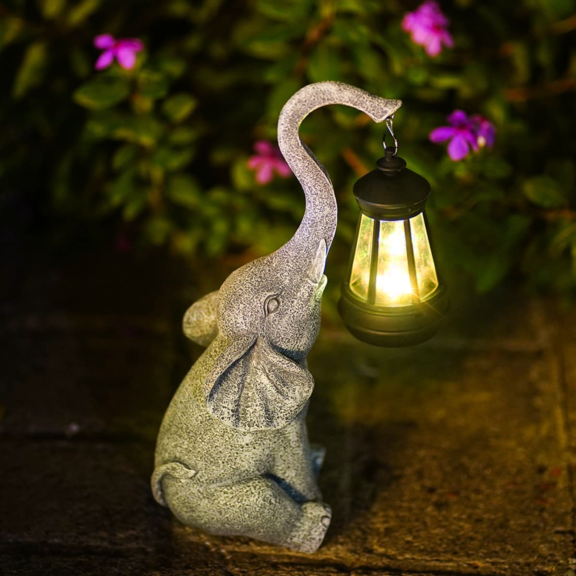 Lampada da Giardino Solare a Forma di Elefante con Effetto Pietra e Lanterna