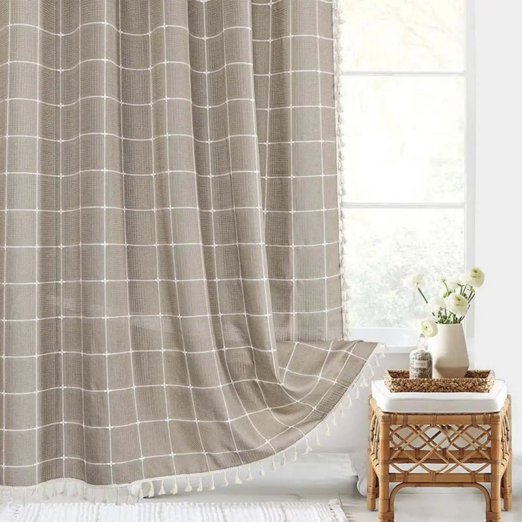 LINENCOVE – Tenda da doccia bohemienne in lino con frange e design impermeabile