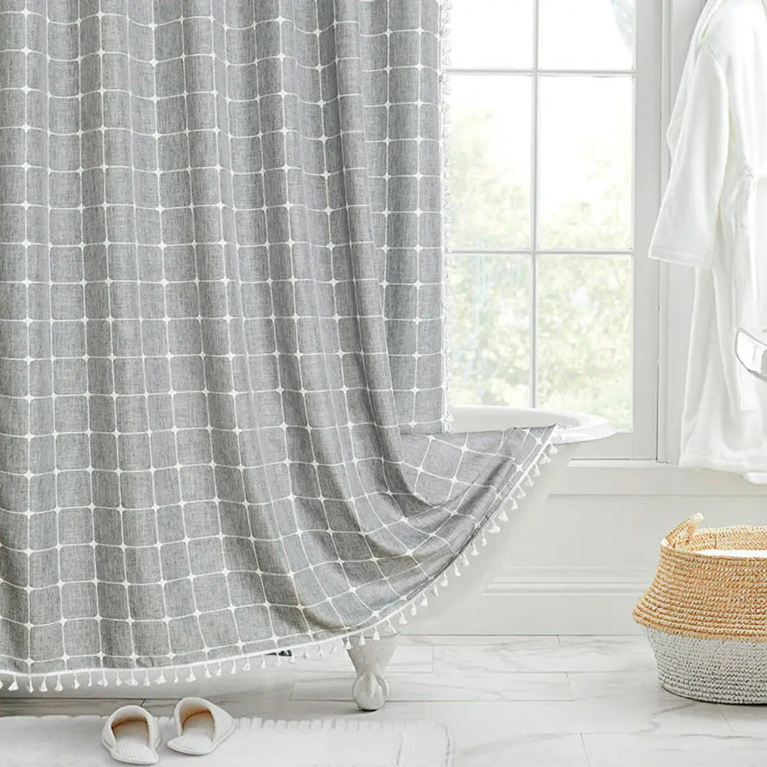 LINENCOVE – Tenda da doccia bohemienne in lino con frange e design impermeabile