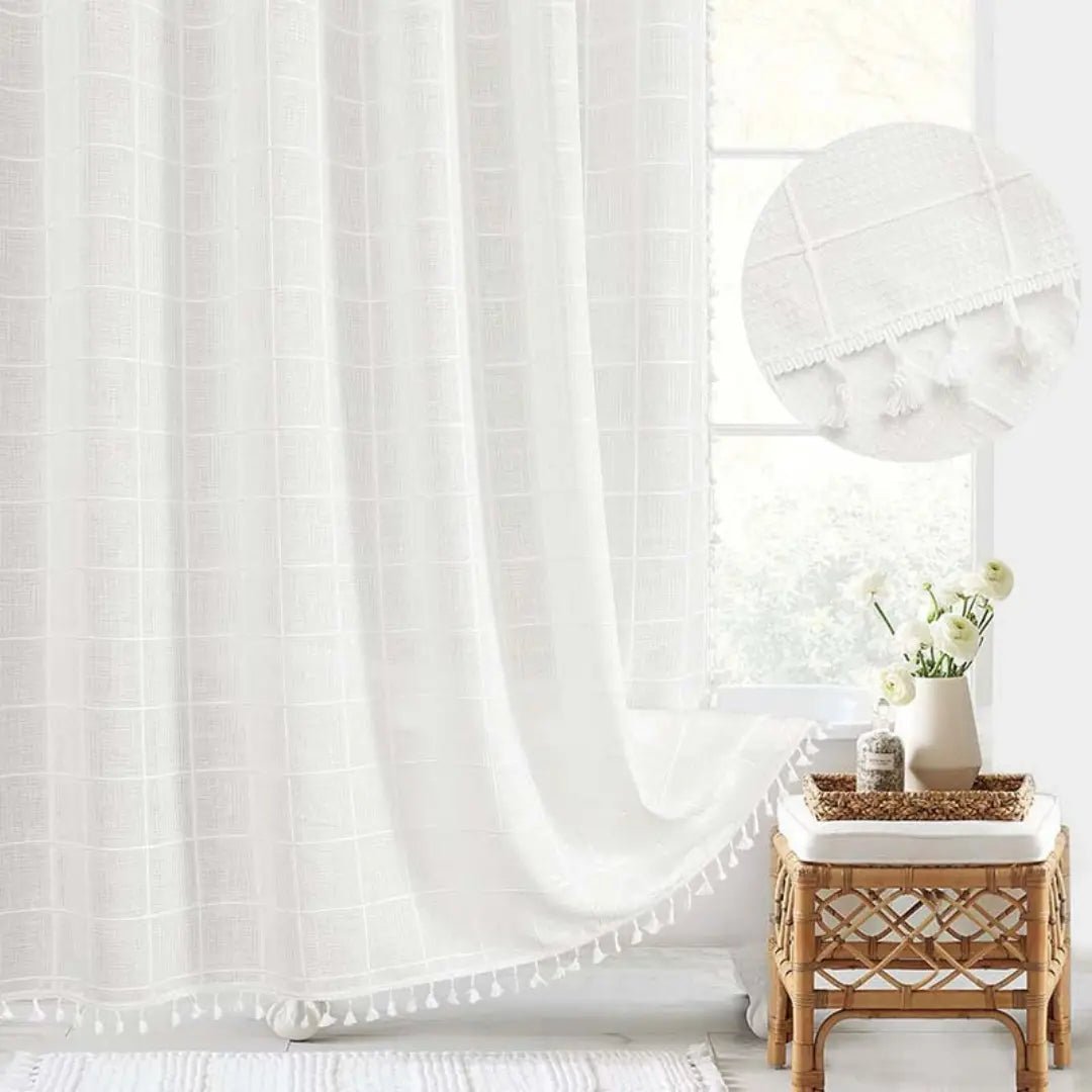 LINENCOVE – Tenda da doccia bohemienne in lino con frange e design impermeabile