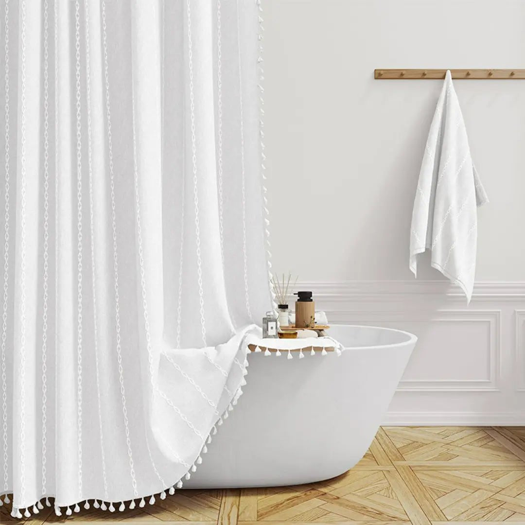 LINENCOVE – Tenda da doccia bohemienne in lino con frange e design impermeabile