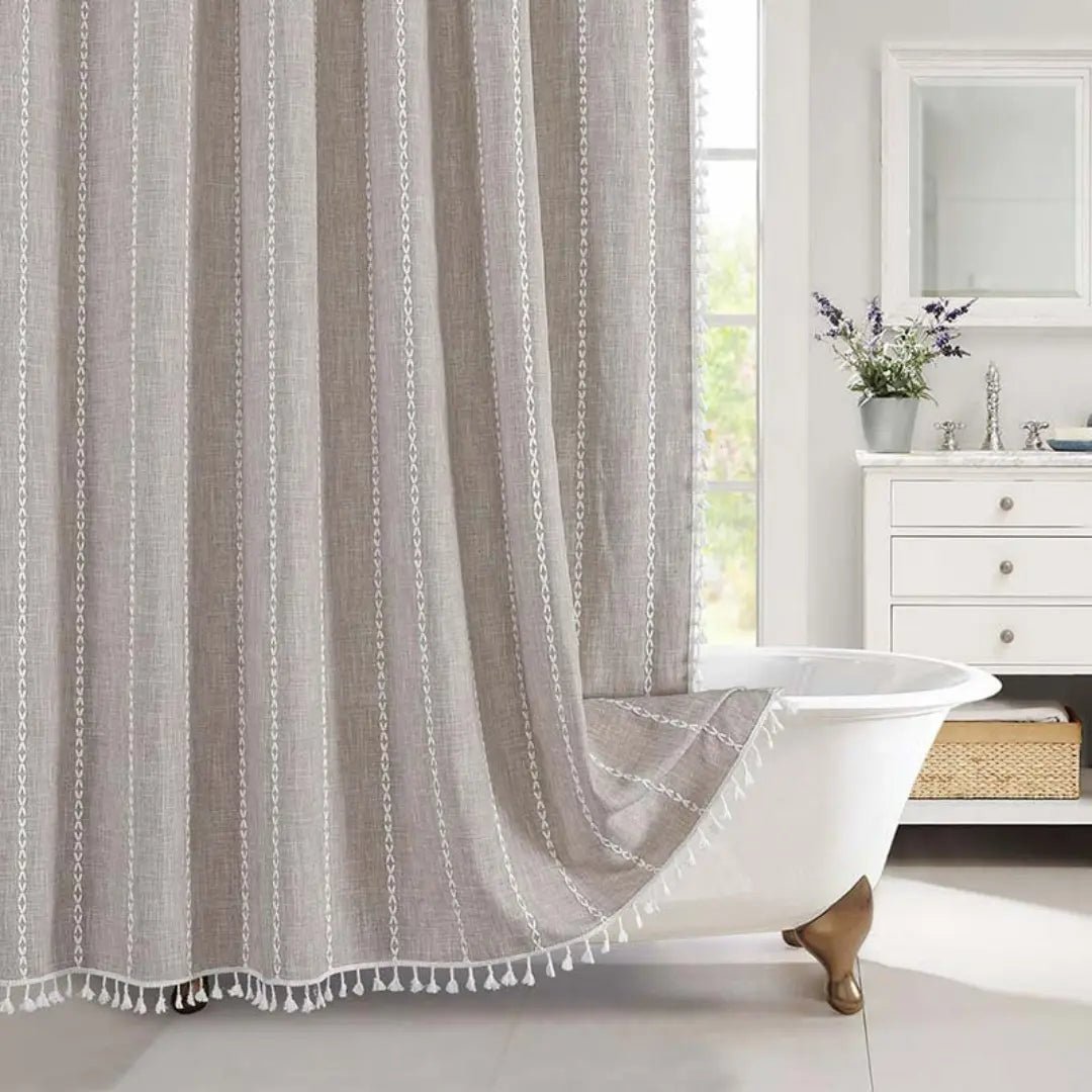 LINENCOVE – Tenda da doccia bohemienne in lino con frange e design impermeabile