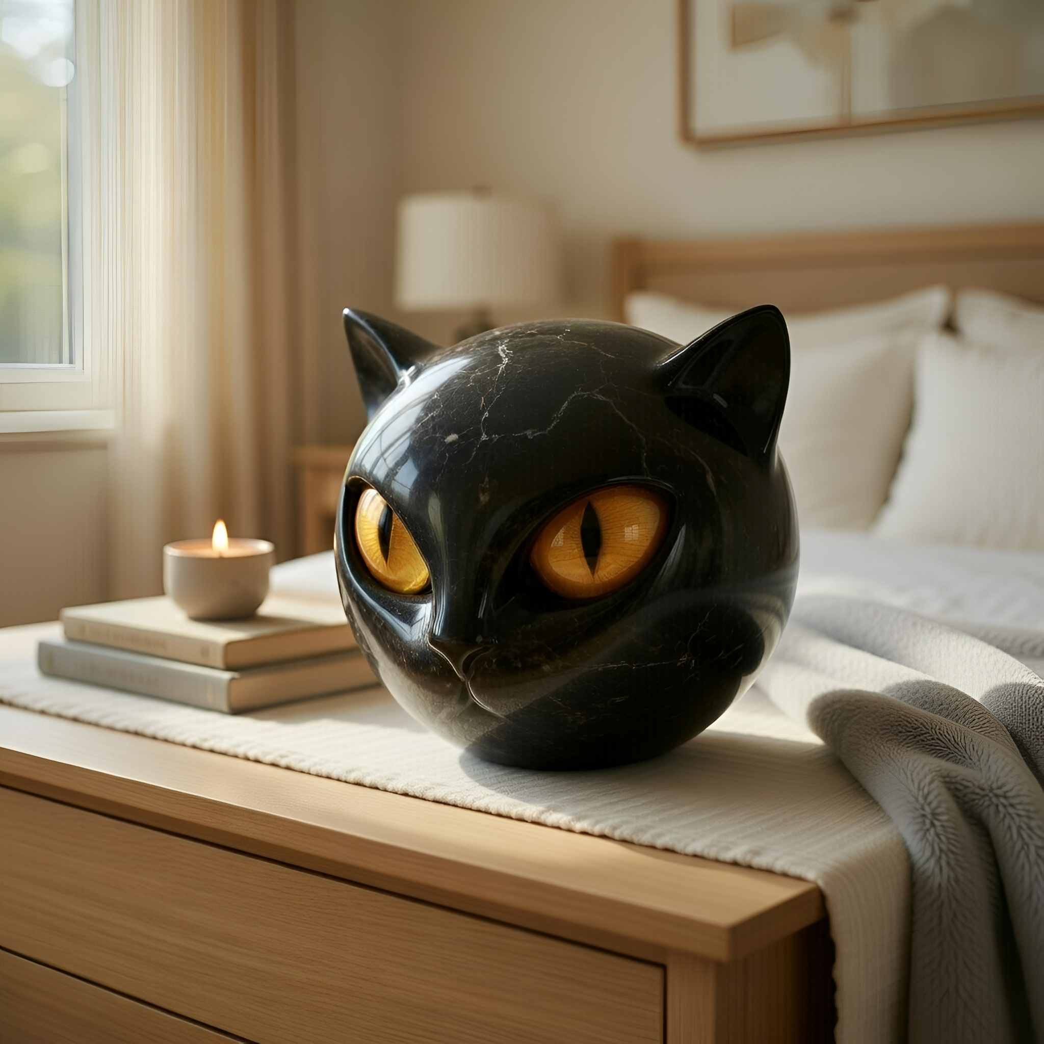 Asher - Statuetta a forma di testa di gatto in resina nera con finitura effetto marmo