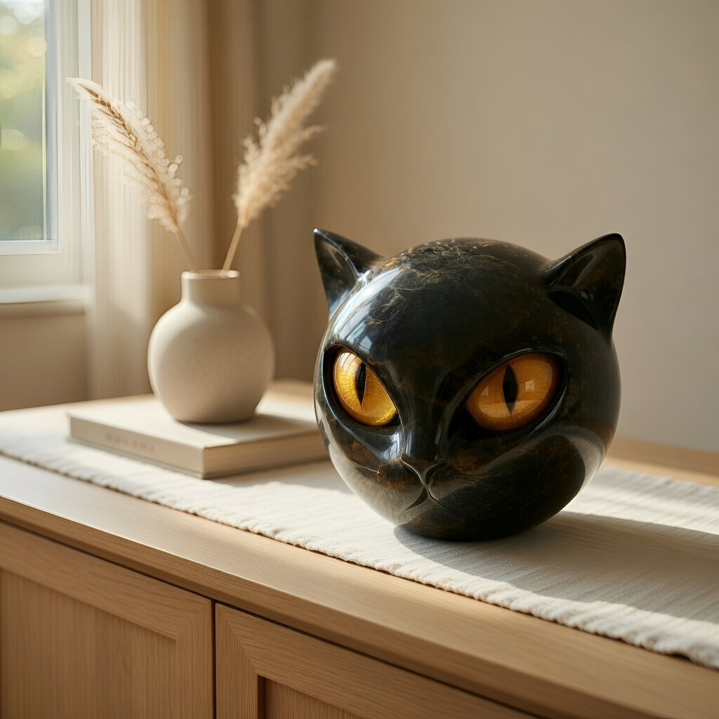 Asher - Statuetta a forma di testa di gatto in resina nera con finitura effetto marmo