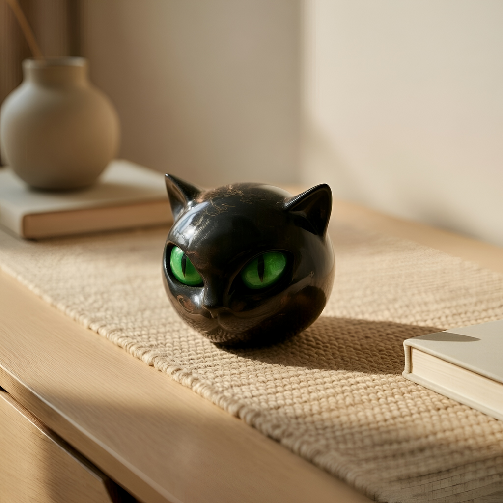 Asher - Statuetta a forma di testa di gatto in resina nera con finitura effetto marmo