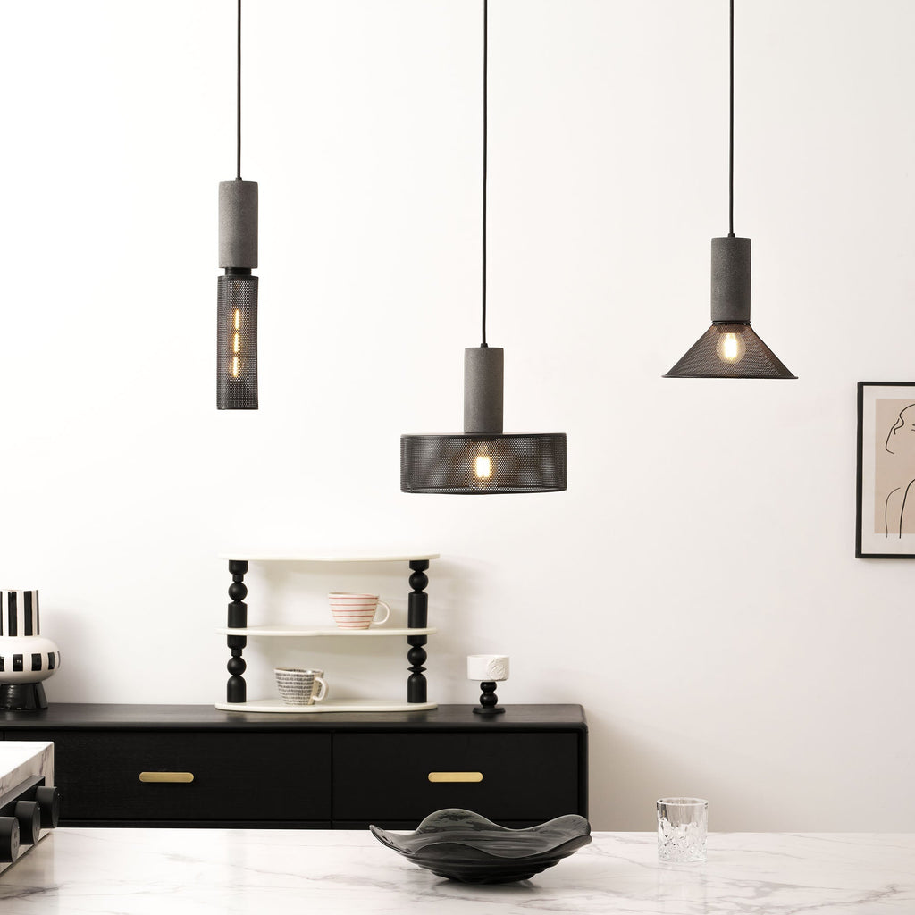 Virexo | Lampada a sospensione in cemento industriale con paralume cilindrico per interni moderni