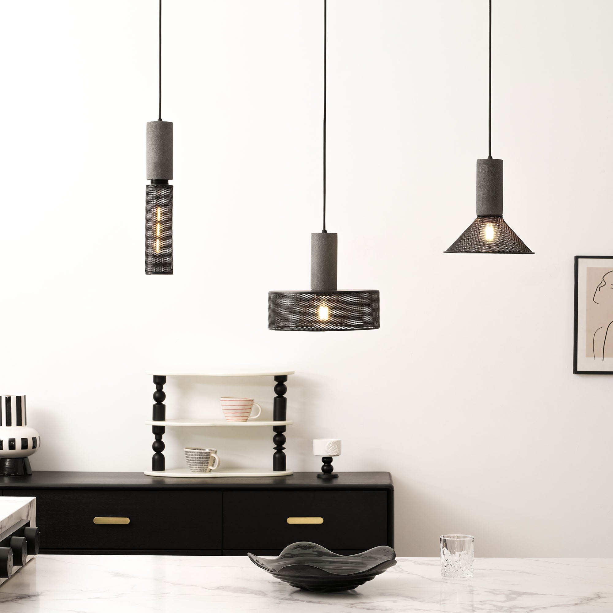 Virexo | Lampada a sospensione in cemento industriale con paralume cilindrico per interni moderni