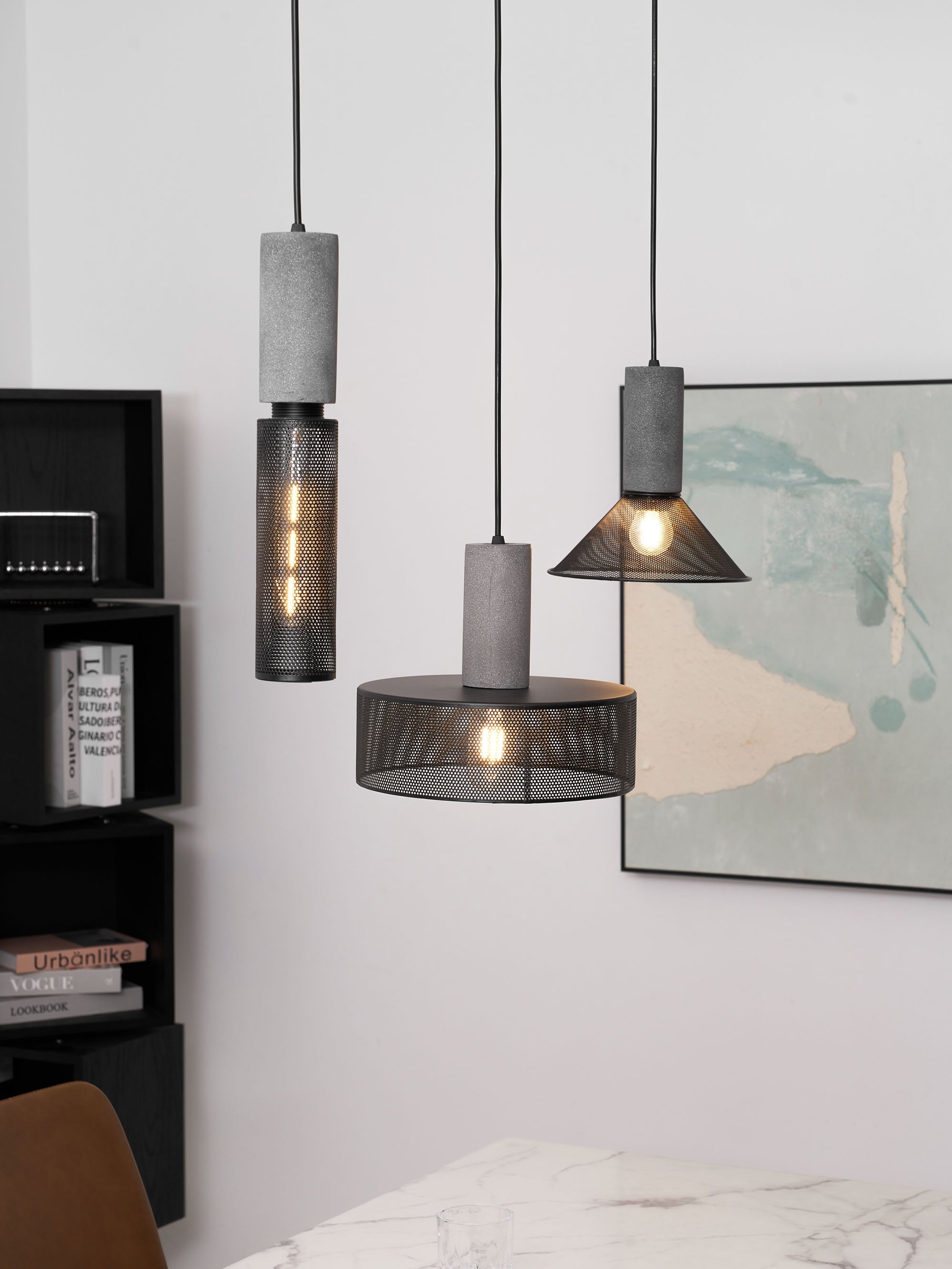 Virexo | Lampada a sospensione in cemento industriale con paralume cilindrico per interni moderni