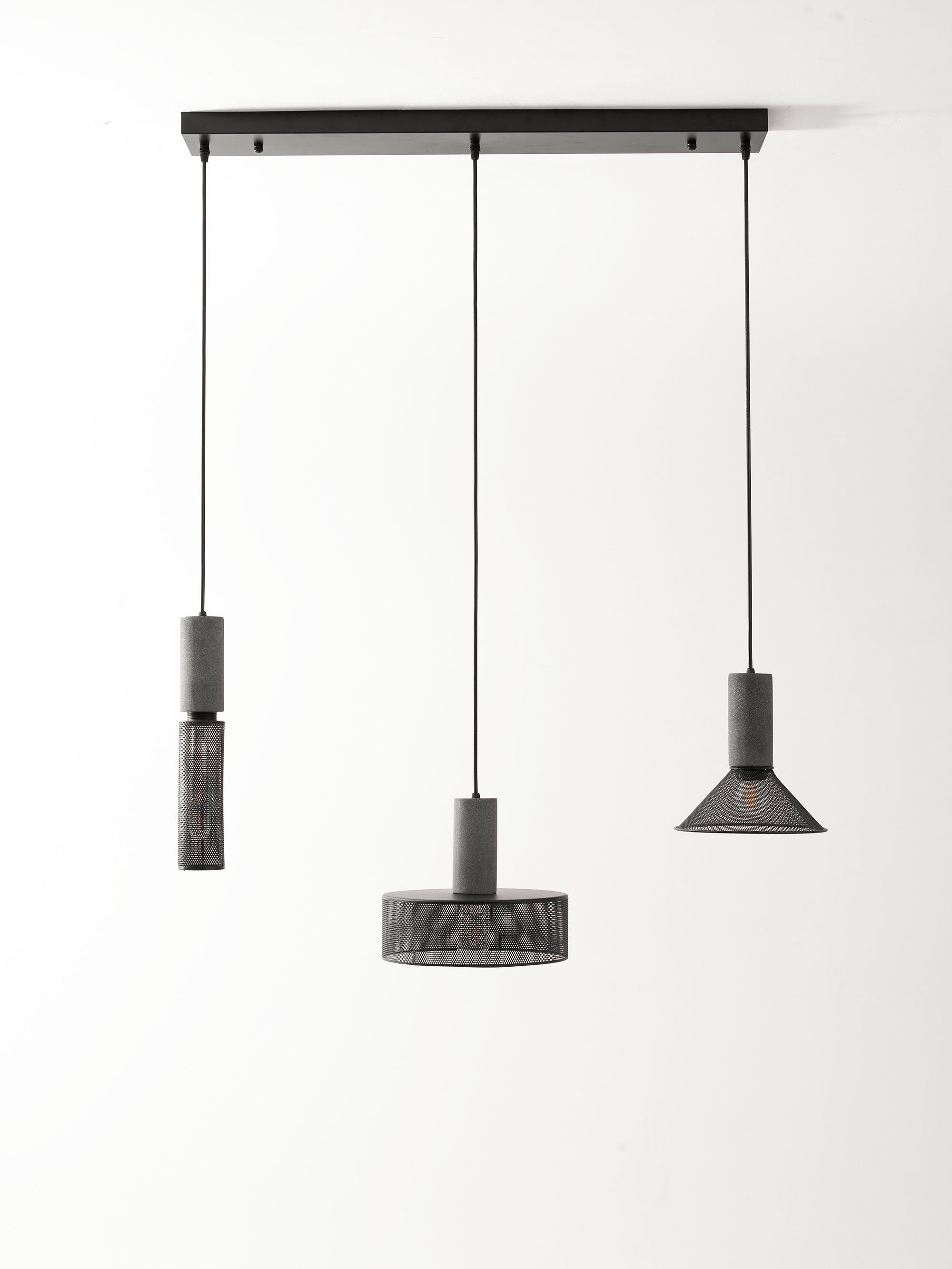 Virexo | Lampada a sospensione in cemento industriale con paralume cilindrico per interni moderni