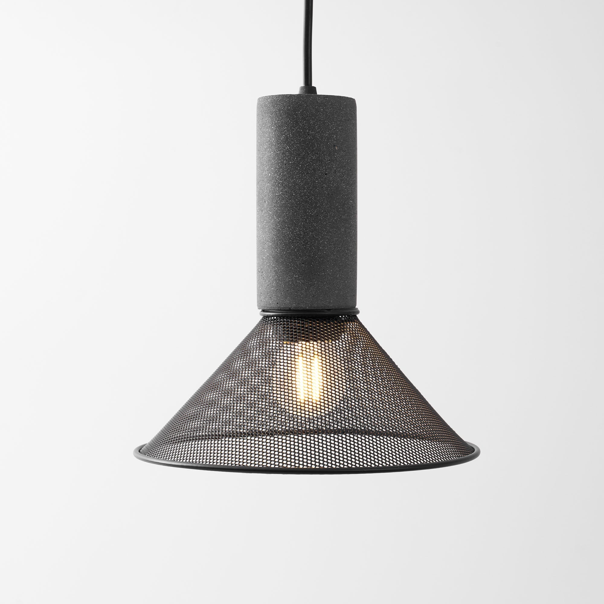 Virexo | Lampada a sospensione in cemento industriale con paralume cilindrico per interni moderni