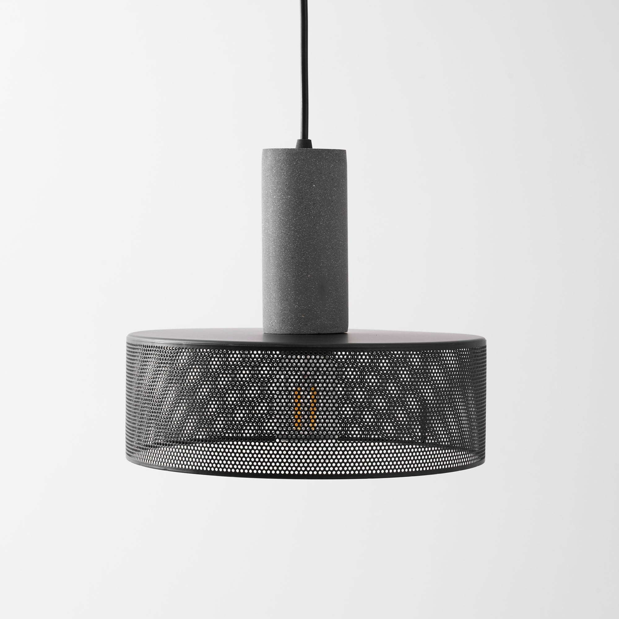 Virexo | Lampada a sospensione in cemento industriale con paralume cilindrico per interni moderni