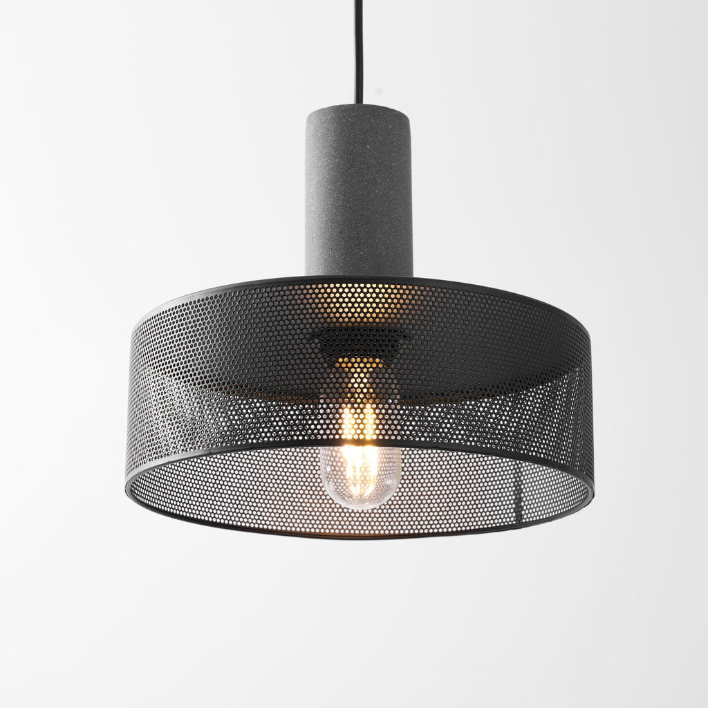 Virexo | Lampada a sospensione in cemento industriale con paralume cilindrico per interni moderni