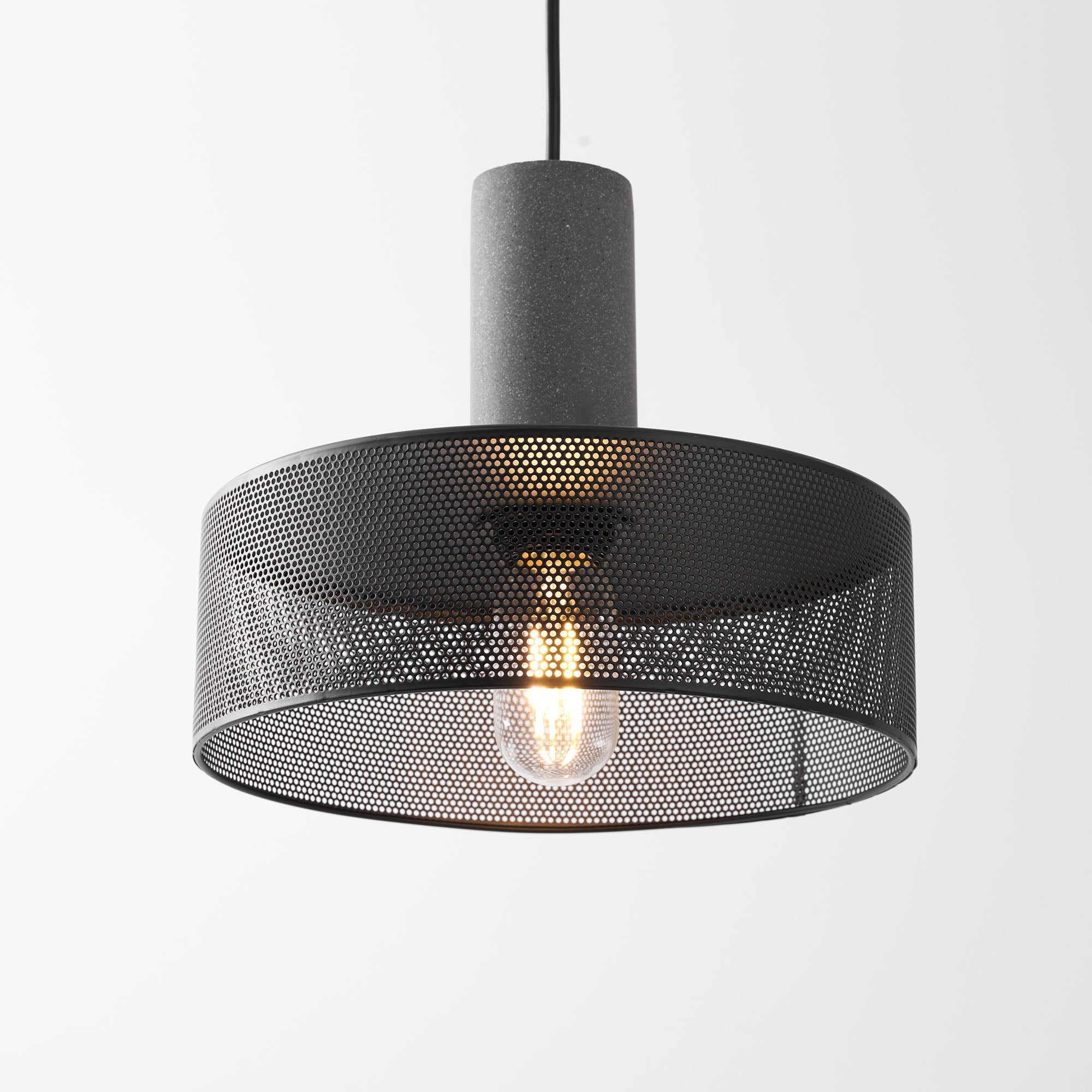 Virexo | Lampada a sospensione in cemento industriale con paralume cilindrico per interni moderni