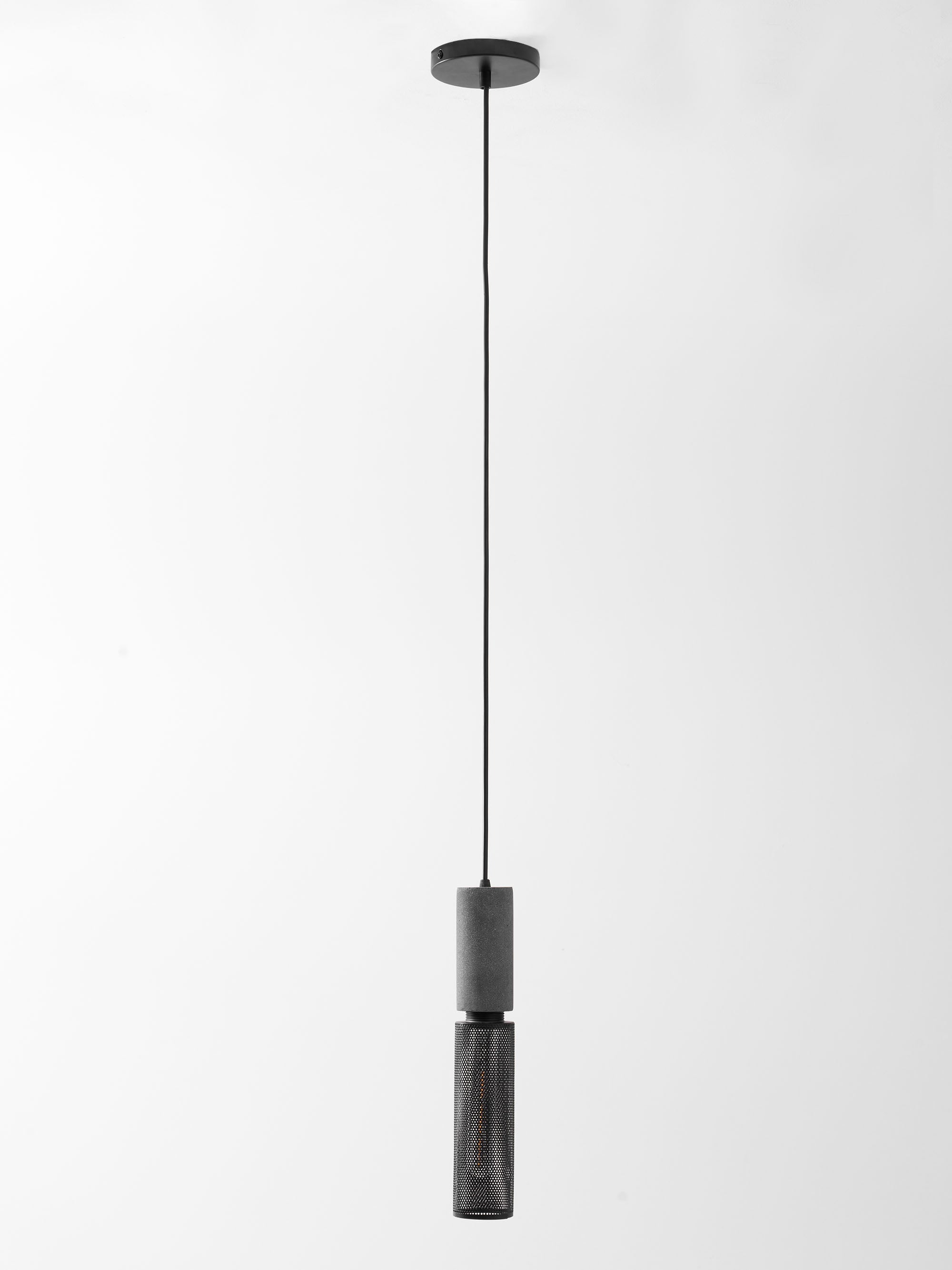 Virexo | Lampada a sospensione in cemento industriale con paralume cilindrico per interni moderni
