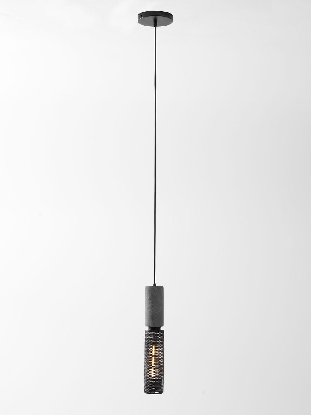 Virexo | Lampada a sospensione in cemento industriale con paralume cilindrico per interni moderni