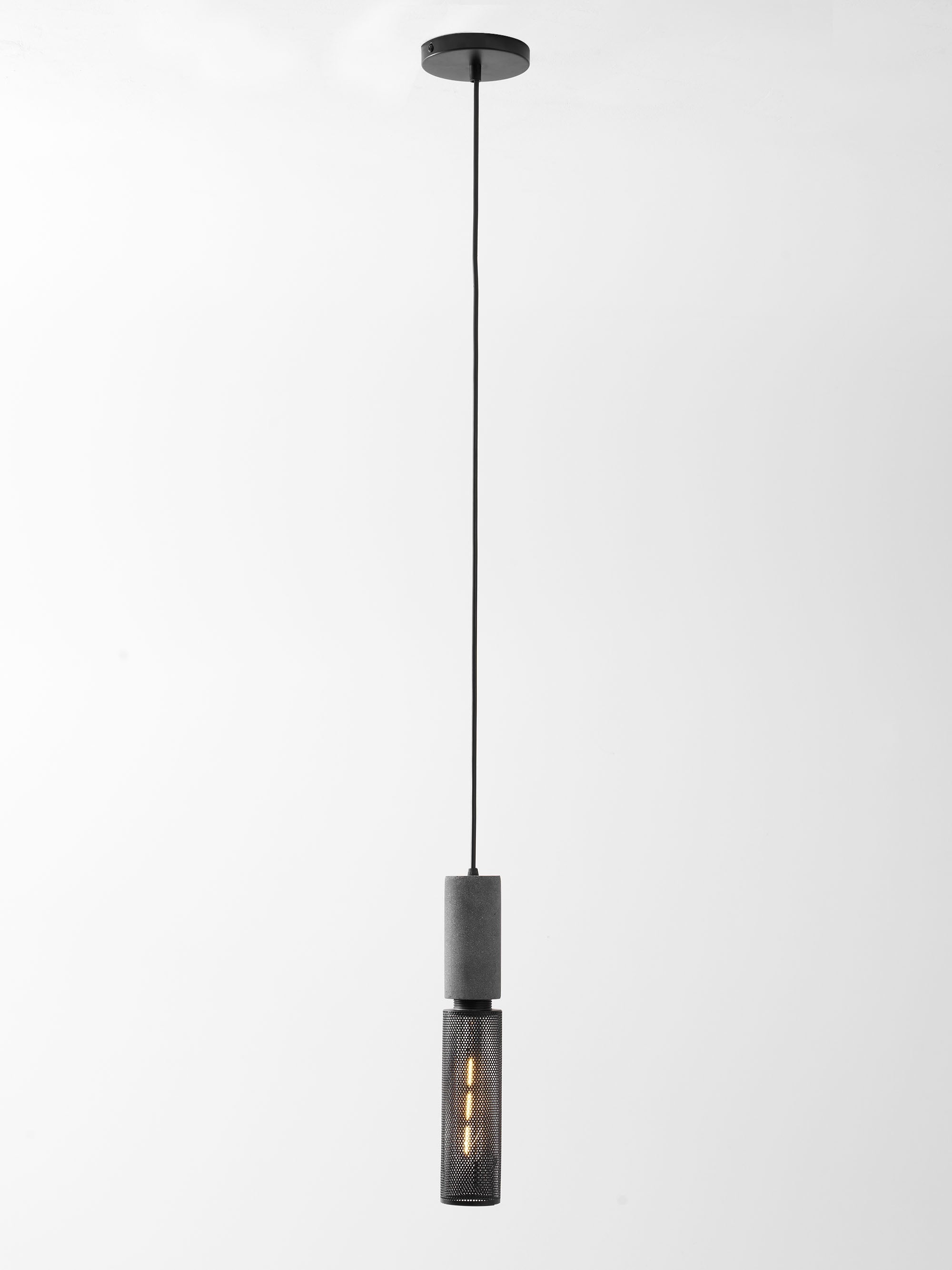 Virexo | Lampada a sospensione in cemento industriale con paralume cilindrico per interni moderni