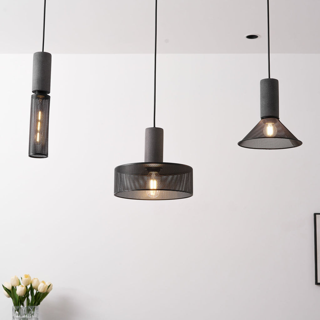 Virexo | Lampada a sospensione in cemento industriale con paralume cilindrico per interni moderni