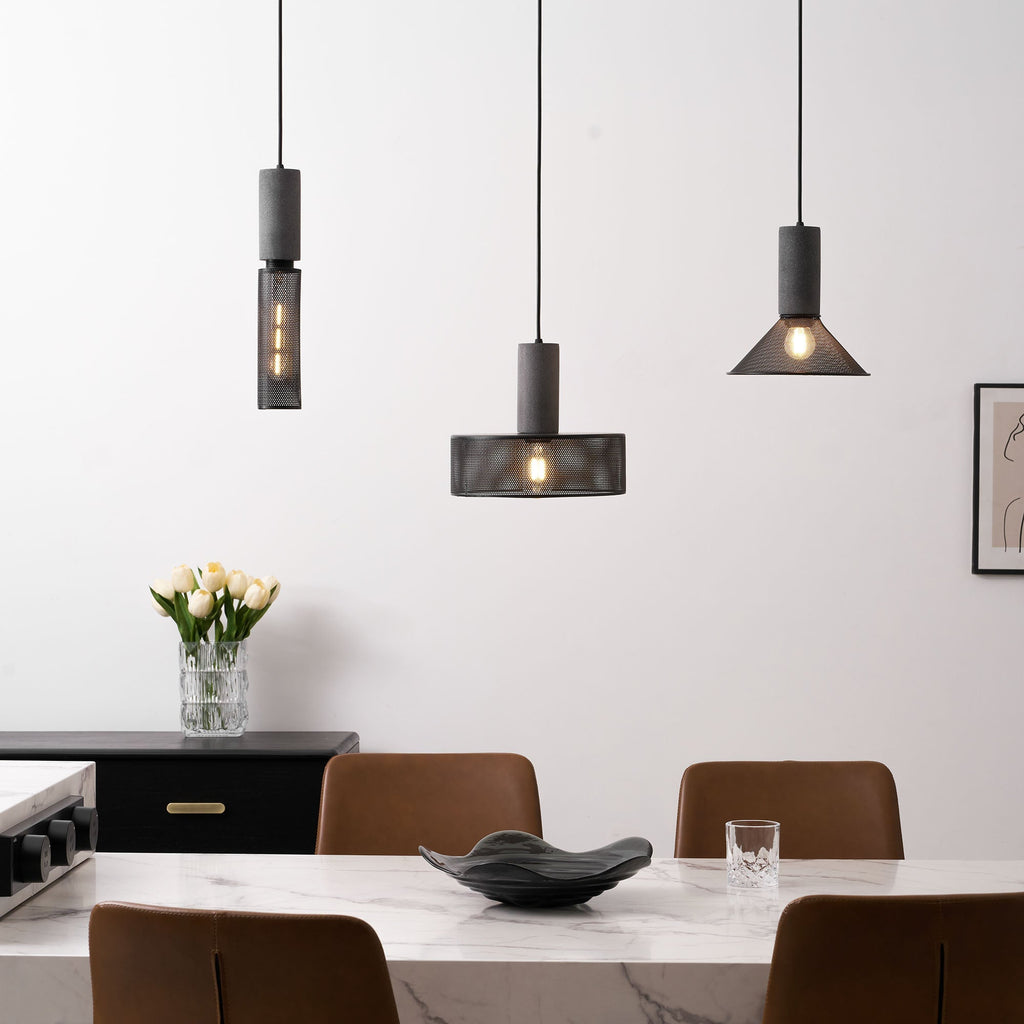 Virexo | Lampada a sospensione in cemento industriale con paralume cilindrico per interni moderni