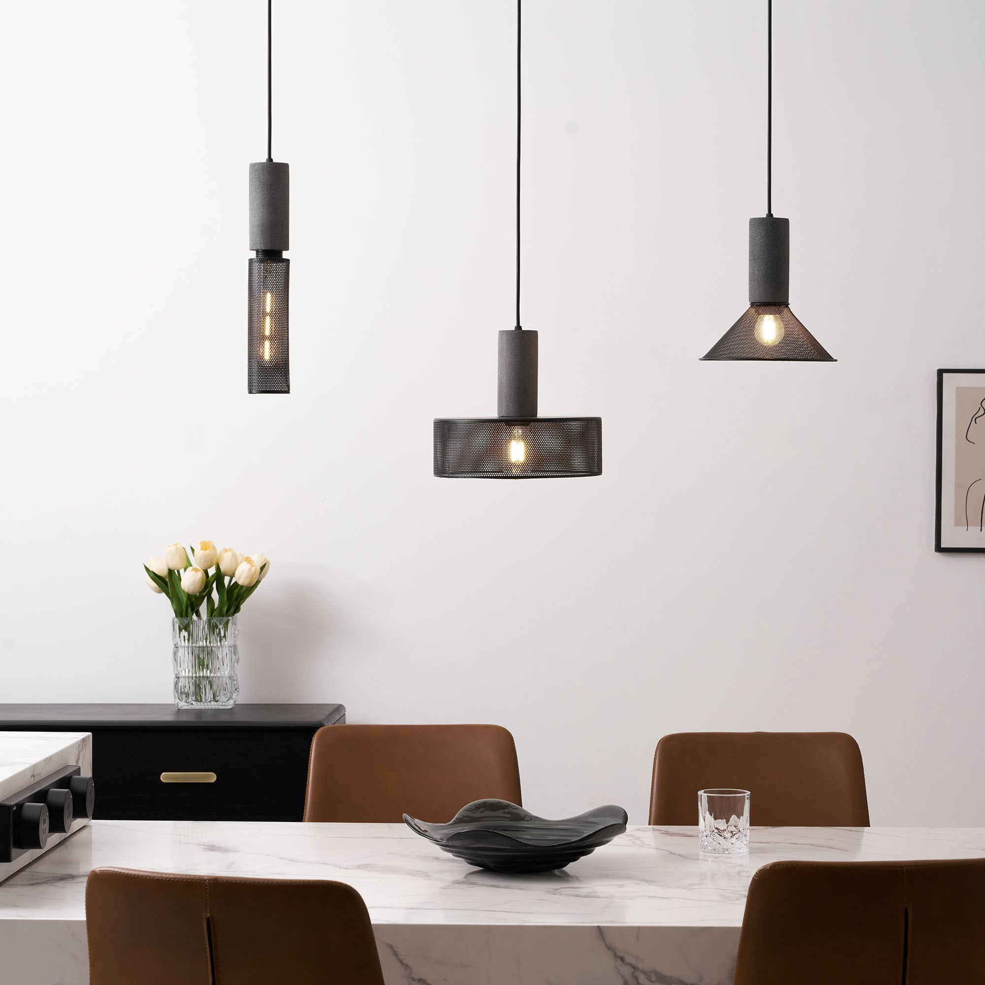 Virexo | Lampada a sospensione in cemento industriale con paralume cilindrico per interni moderni