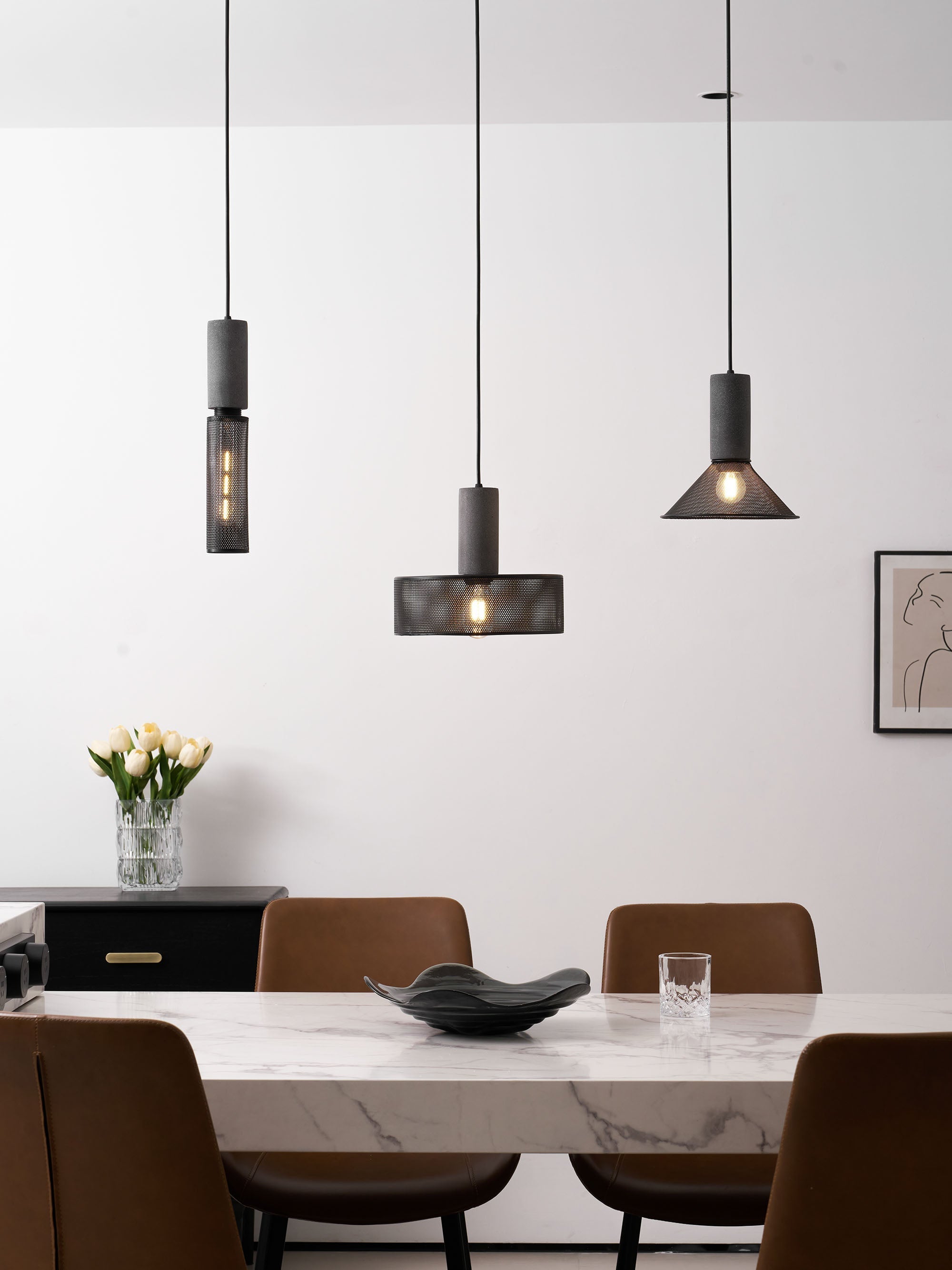 Virexo | Lampada a sospensione in cemento industriale con paralume cilindrico per interni moderni