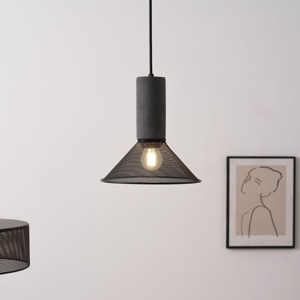 Virexo | Lampada a sospensione in cemento industriale con paralume cilindrico per interni moderni