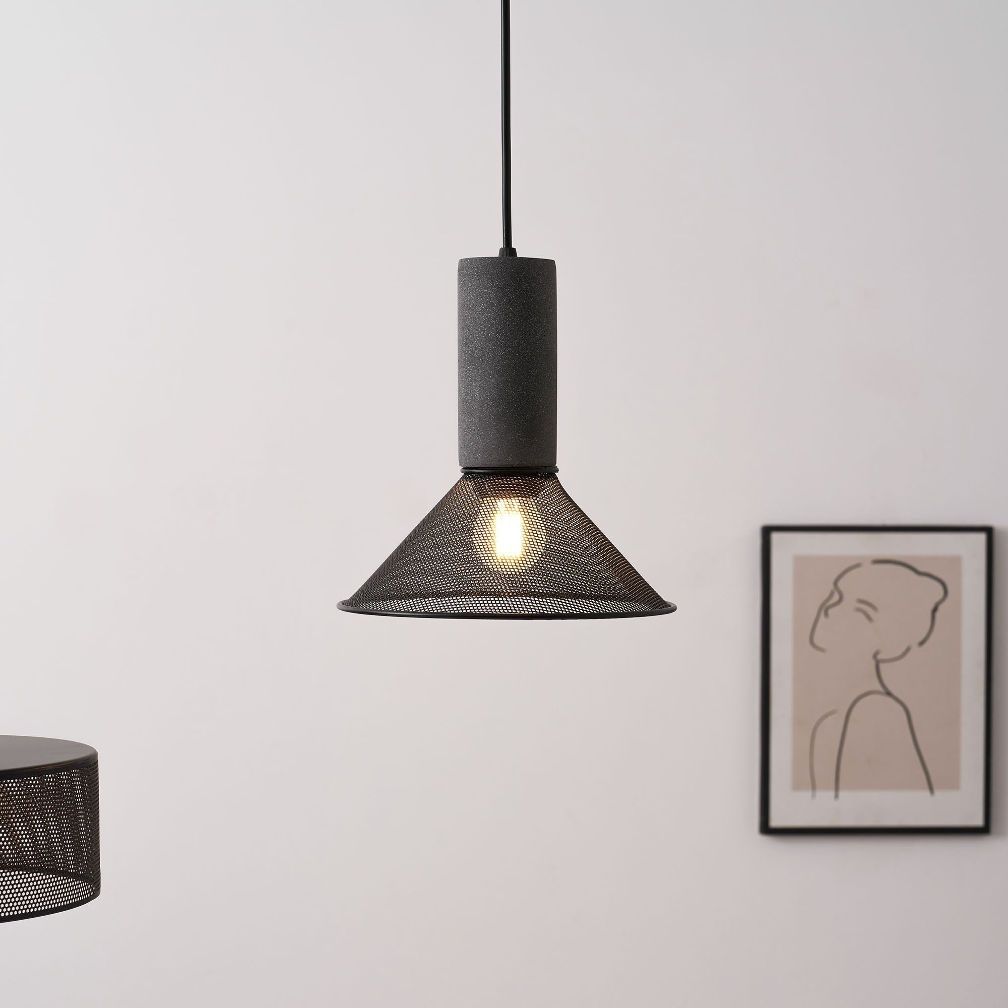 Virexo | Lampada a sospensione in cemento industriale con paralume cilindrico per interni moderni
