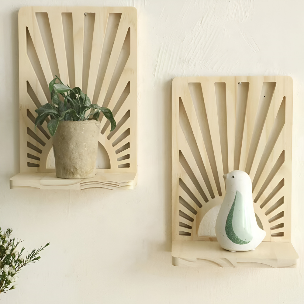 SunBeam Shelf – Mensola in Legno a Forma di Raggio di Sole Boho per Piante e Decorazioni