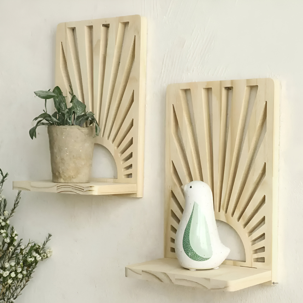 SunBeam Shelf – Mensola in Legno a Forma di Raggio di Sole Boho per Piante e Decorazioni