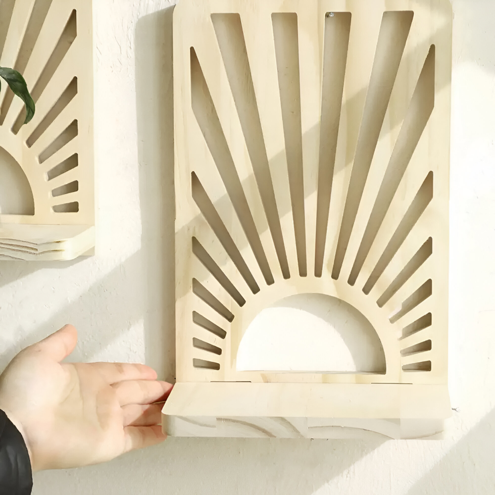 SunBeam Shelf – Mensola in Legno a Forma di Raggio di Sole Boho per Piante e Decorazioni