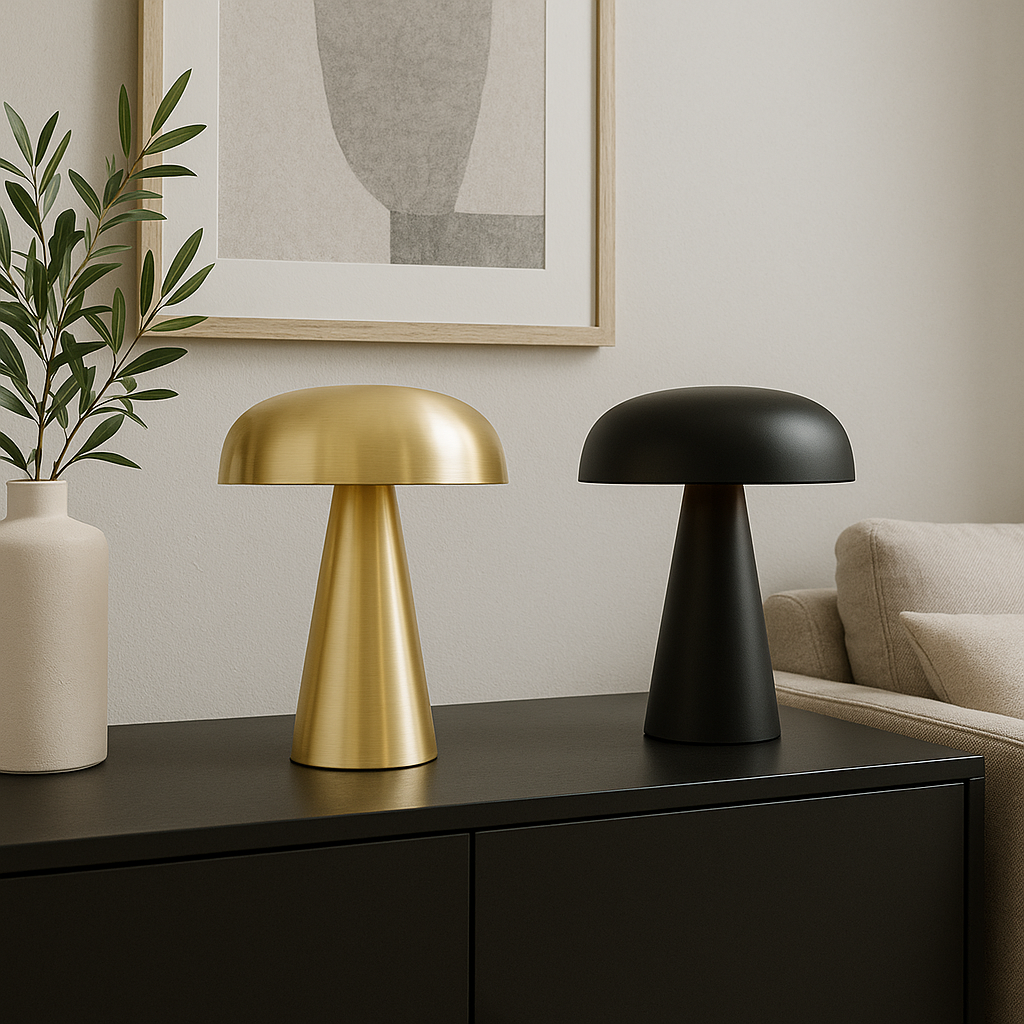 Lampada da Tavolo a Forma di Fungo in Metallo Spazzolato