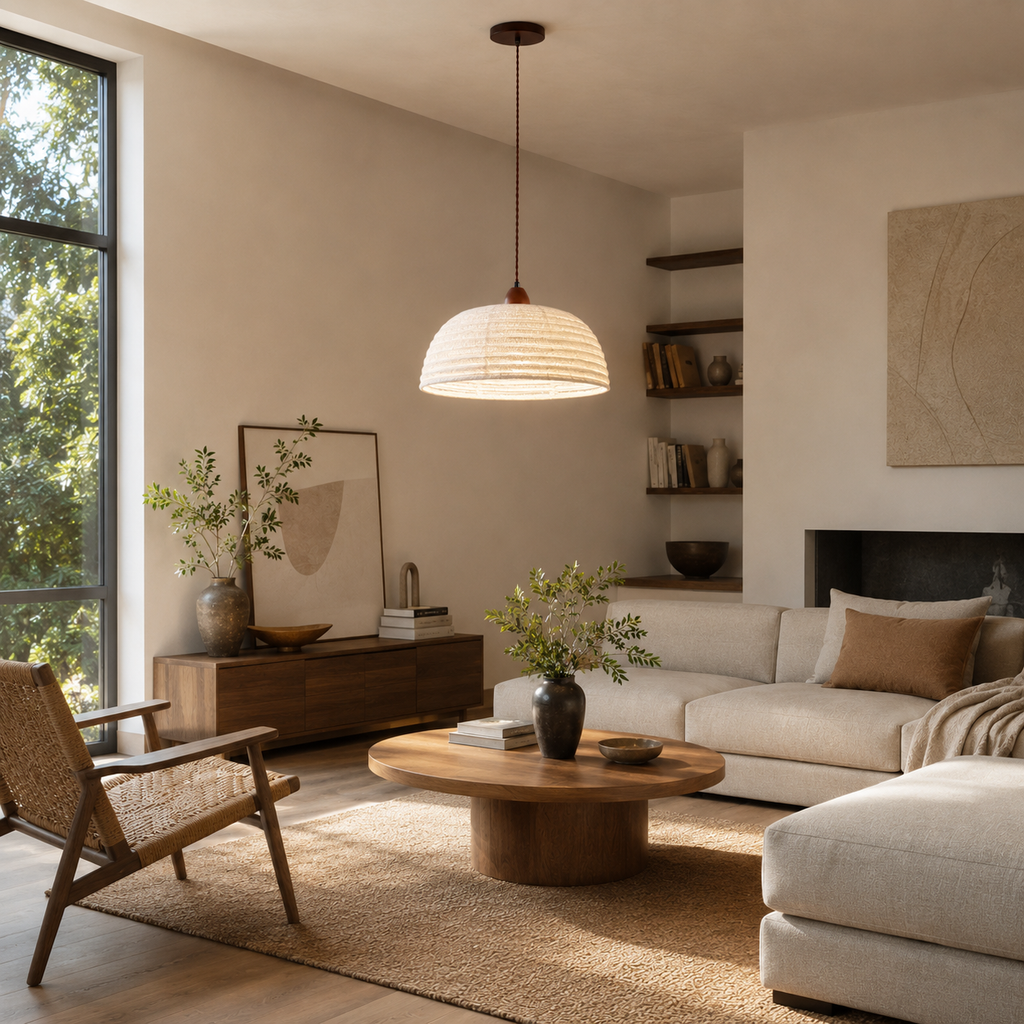 Lampada a Sospensione Trampa Japandi in Legno e Lino - illuminazione d'atmosfera calda