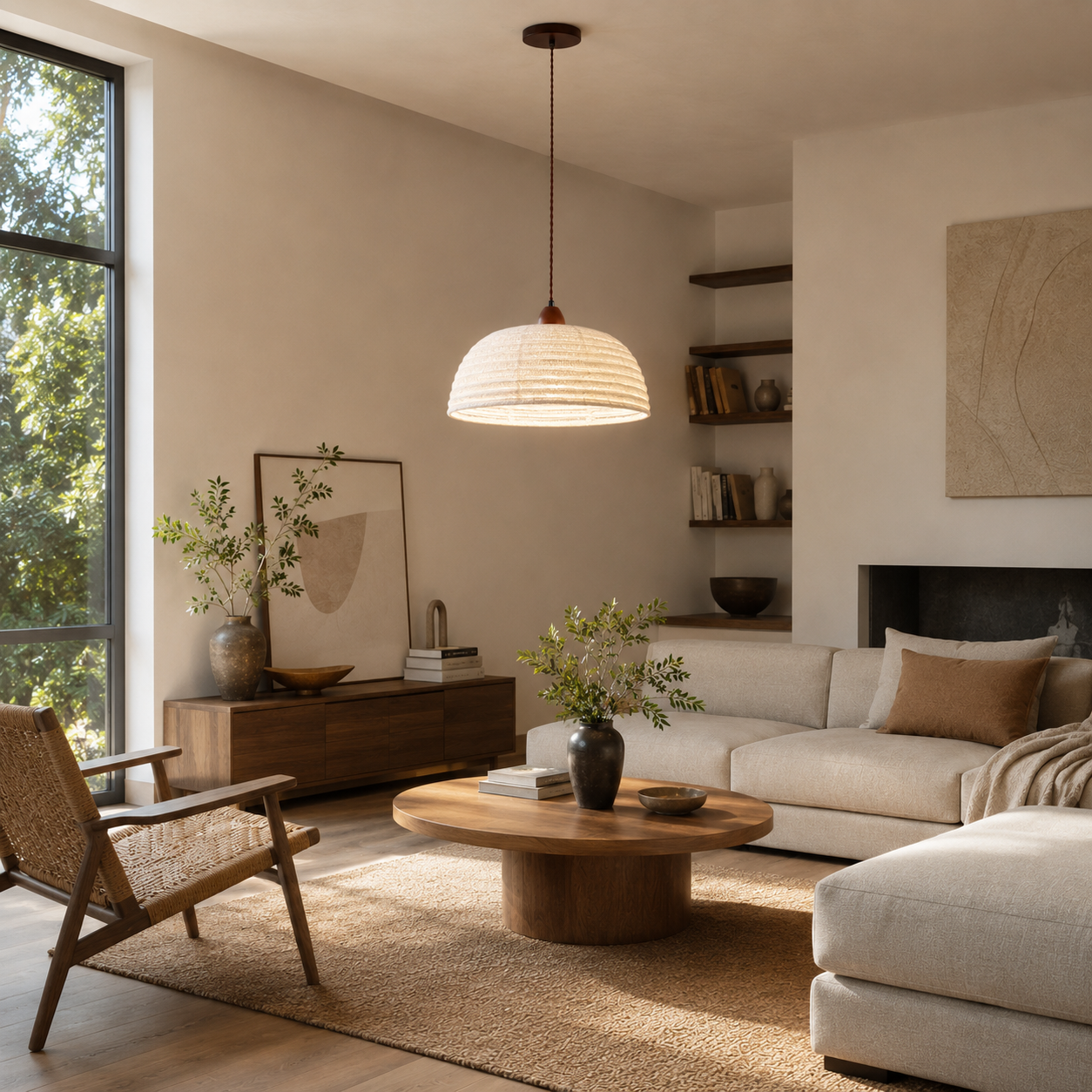 Lampada a Sospensione Trampa Japandi in Legno e Lino - illuminazione d'atmosfera calda