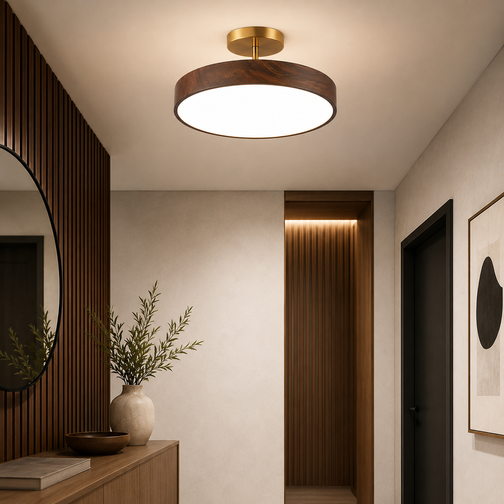 Fjell – Lampada da soffitto scandinava con effetto legno e cornice dorata